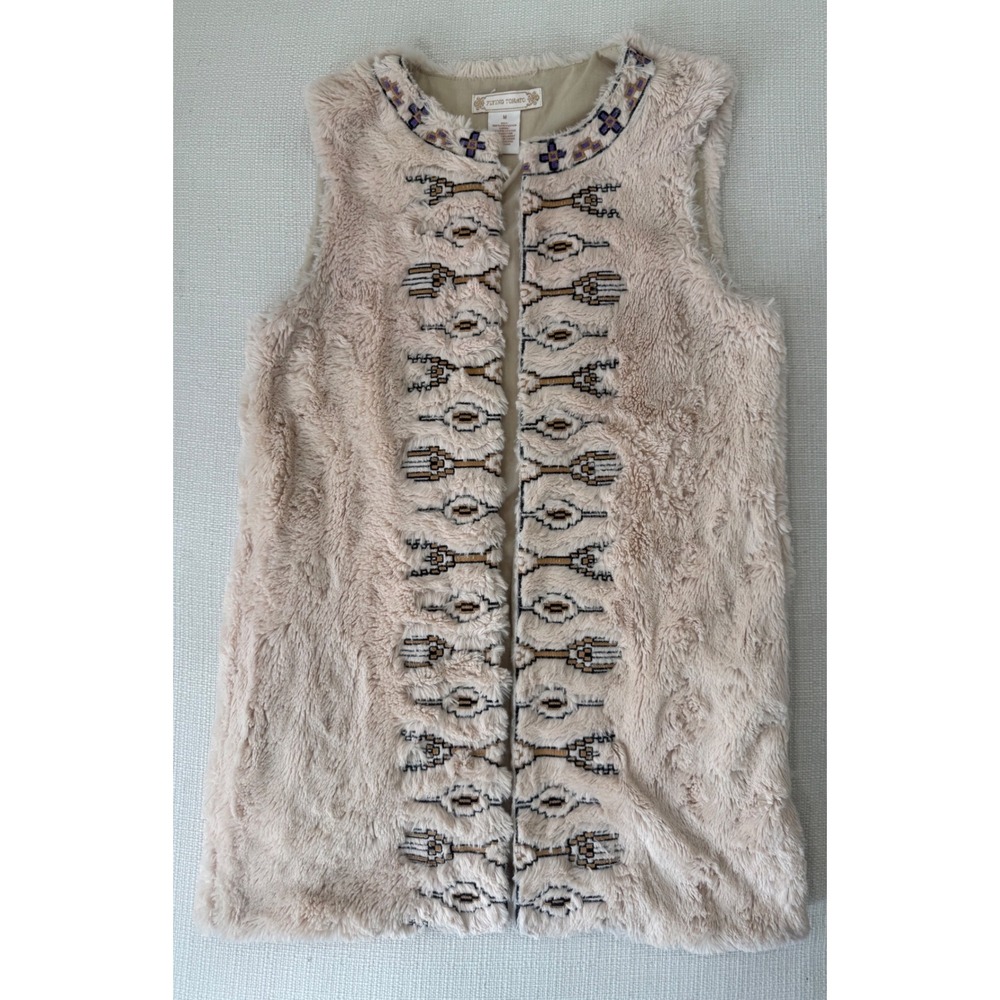 Flying Tomato Vest Womens Medium Boho Faux Fur Embroidered Longline Excellent